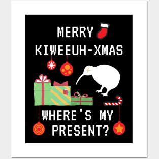 Funny Merry Kiwi Christmas, Where's My Present? Kiwi New Zealand Christmas Celebration Xmas Posters and Art